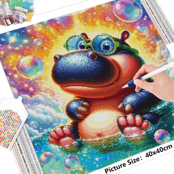 Images et détails de broderie diamant en image pour la peinture Broderie Diamant - Hippo à Lunette, de la collection animaux - Wall Factory