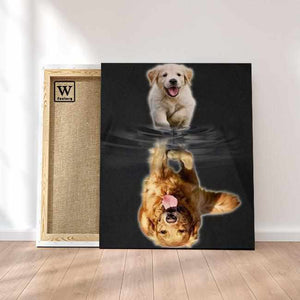 Première image de la peinture par numéro, Golden Retriever , dans un cadre en bois sur du parquet.