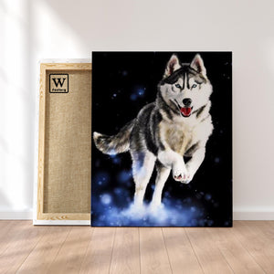 Première image de la peinture par numéro, Husky Sibérien , dans un cadre en bois sur du parquet.